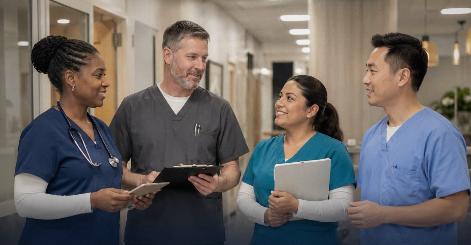 Four nurses in scrubs talking together in a care facility corridor, holding charts and a tablet